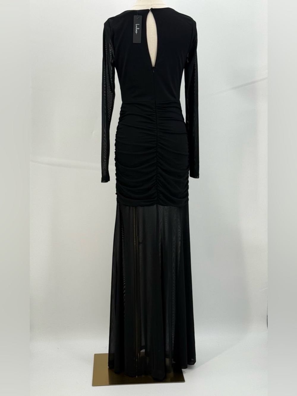 Lulus Vibrant Poise Black Mesh Ruched Maxi Dress Long Sleeve Sheer Hem Bodycon - Picture 13 of 15